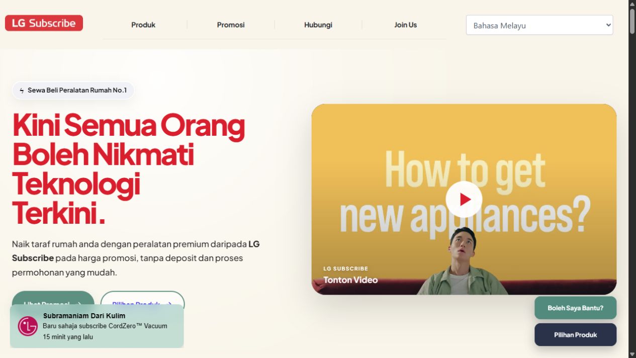 Paparan desktop website LG Subscribe